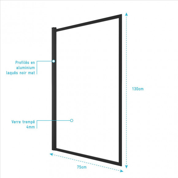 Pare Baignoire Pivotant - Profiles Noir Mat - Dim: 130x75cm - Verre Transparent 4mm - Contouring