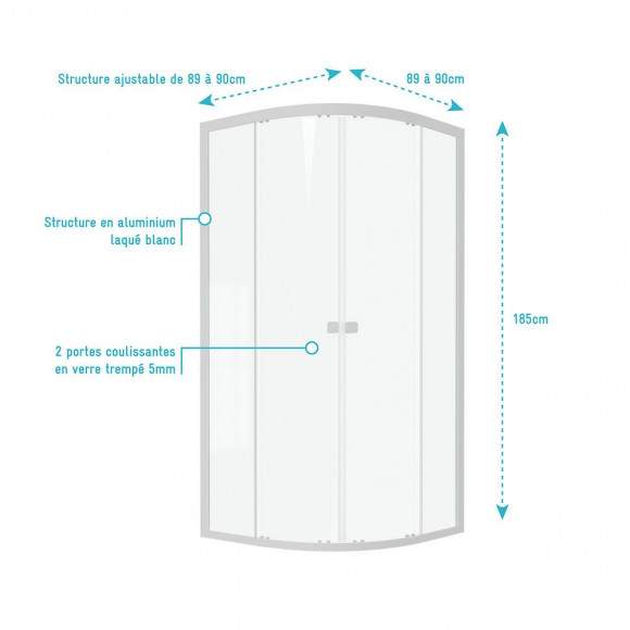 Paroi Porte De Douche 1/4 Cercle Blanc 90x90cm De Largeur - Verre Transparent - Whity Round