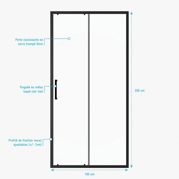 Paroi Porte De Douche Coulissante-100x200 -porte Coulissante -profile Noir Mat-verre Transparent 6mm