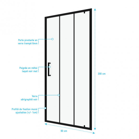 Paroi Porte De Douche Pivotante Type Industriel - 90x200cm - Profile Noir Mat - Verre 6mm