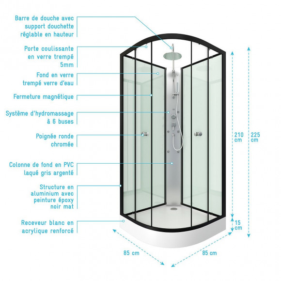 Cabine De Douche 85x85x225cm 1/4 De Cercle - Zeeny