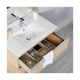 Meuble De Salle De Bain À Poser Décor Chêne 80 Cm + Miroir + Éclairage - Série Dynamic 3 Tiroirs 80