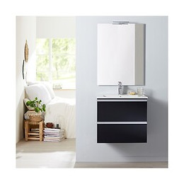 Meuble De Salle De Bain À Suspendre Noir 60 Cm + Miroir + Éclairage - Série Dynamic 2 Tiroirs
