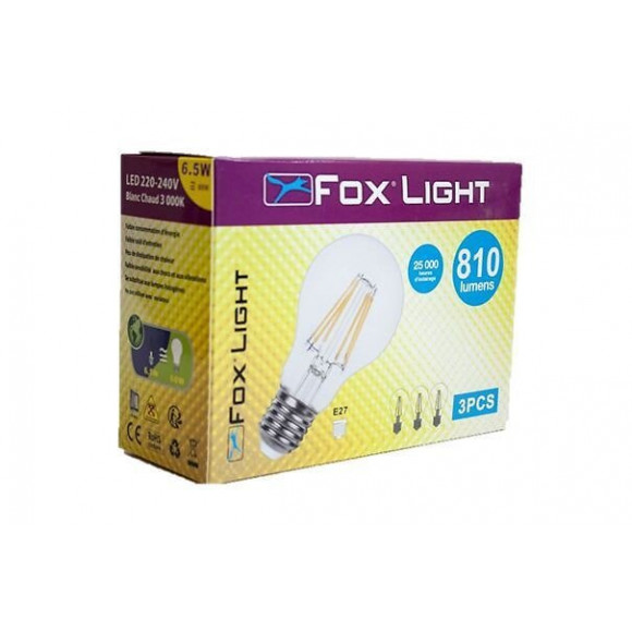 Ampoule Led-s19 Filament Claire A60 - E27 - 6w - 360° - 3 000k - 810lm - 3 Pcs