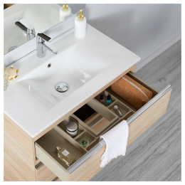 Meuble De Salle De Bain À Poser Décor Chêne 80 Cm + Miroir + Éclairage - Série Dynamic 3 Tiroirs 80