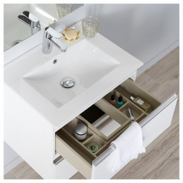 Meuble De Salle De Bain À Suspendre Blanc 60 Cm + Miroir + Éclairage - Série Dynamic 2 Tiroirs