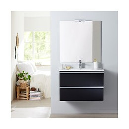 Meuble De Salle De Bain À Suspendre Noir 80 Cm + Miroir + Éclairage - Série Dynamic 2 Tiroirs
