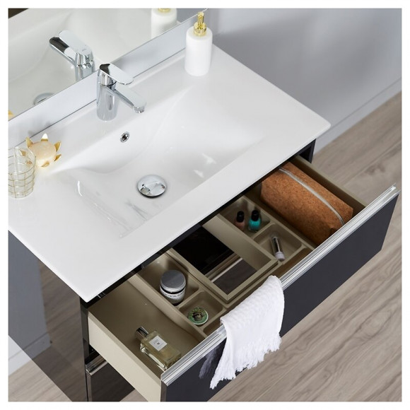 Meuble De Salle De Bain À Suspendre Noir 80 Cm + Miroir + Éclairage - Série Dynamic 2 Tiroirs