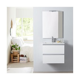 Meuble De Salle De Bain À Suspendre Blanc 60 Cm + Miroir + Éclairage - Série Dynamic 2 Tiroirs