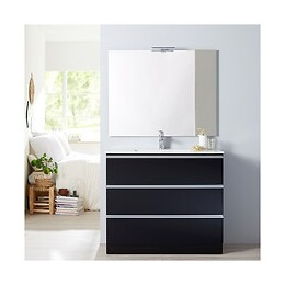 Meuble De Salle De Bain À Poser Noir 100 Cm + Miroir + Éclairage - Série Dynamic 3 Tiroirs 100
