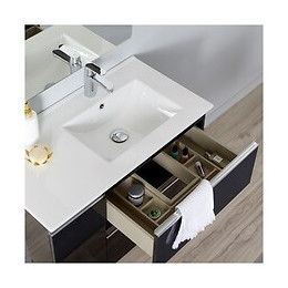Meuble Salle De Bain 85 Cm À Suspendre Noir Brillant + Miroir + Éclairage - Série Dynamic 2 Tiroirs + 1 Porte