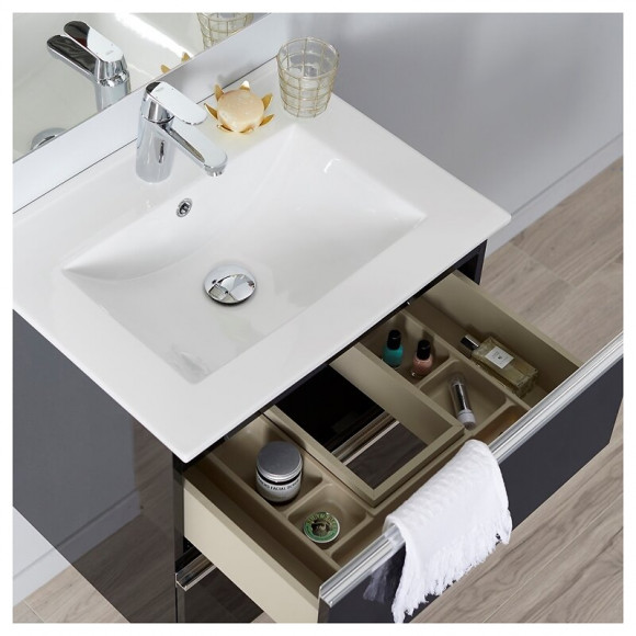 Meuble De Salle De Bain À Suspendre Noir 60 Cm + Miroir + Éclairage - Série Dynamic 2 Tiroirs