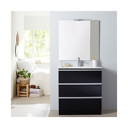 Meuble De Salle De Bain À Poser Noir 80 Cm + Miroir + Éclairage - Série Dynamic 3 Tiroirs 80