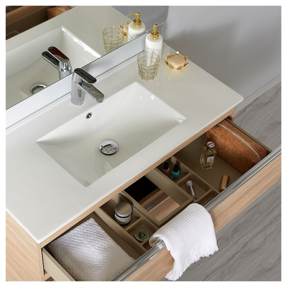 Meuble De Salle De Bain À Poser Oak Bordolino 100 Cm + Miroir + Éclairage - Série Dynamic 3 Tiroirs 100