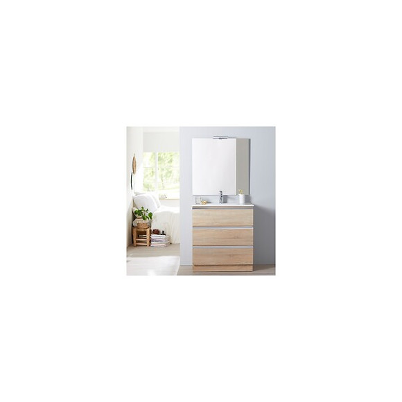 Meuble De Salle De Bain À Poser Décor Chêne 80 Cm + Miroir + Éclairage - Série Dynamic 3 Tiroirs 80