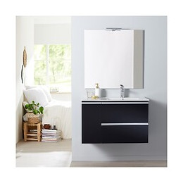 Meuble Salle De Bain 85 Cm À Suspendre Noir Brillant + Miroir + Éclairage - Série Dynamic 2 Tiroirs + 1 Porte