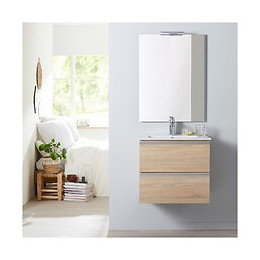 Meuble De Salle De Bain À Suspendre Chêne Oak Bordolino 60 Cm + Miroir + Éclairage - Série Dynamic 2 Tiroirs