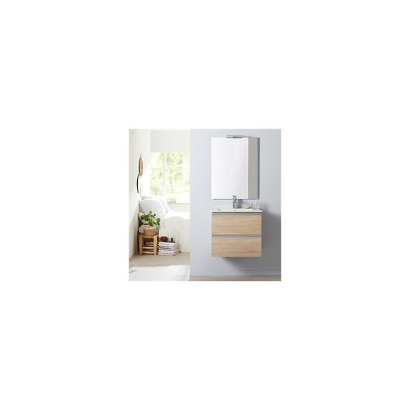 Meuble De Salle De Bain À Suspendre Chêne Oak Bordolino 60 Cm + Miroir + Éclairage - Série Dynamic 2 Tiroirs