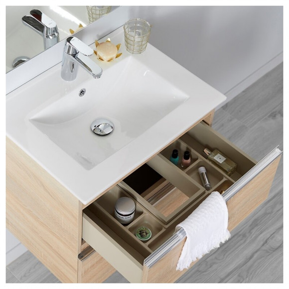 Meuble De Salle De Bain À Suspendre Chêne Oak Bordolino 60 Cm + Miroir + Éclairage - Série Dynamic 2 Tiroirs