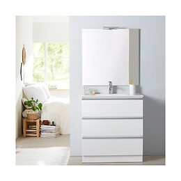 Meuble De Salle De Bain À Poser Blanc 80 Cm + Miroir + Éclairage - Série Dynamic 3 Tiroirs 80