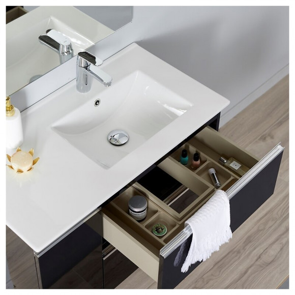 Meuble Salle De Bain 85 Cm À Suspendre Noir Brillant + Miroir + Éclairage - Série Dynamic 2 Tiroirs + 1 Porte