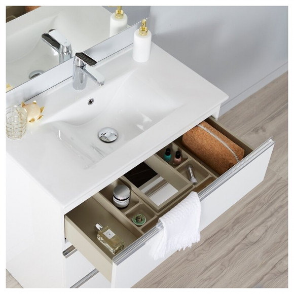 Meuble De Salle De Bain À Poser Blanc 80 Cm + Miroir + Éclairage - Série Dynamic 3 Tiroirs 80