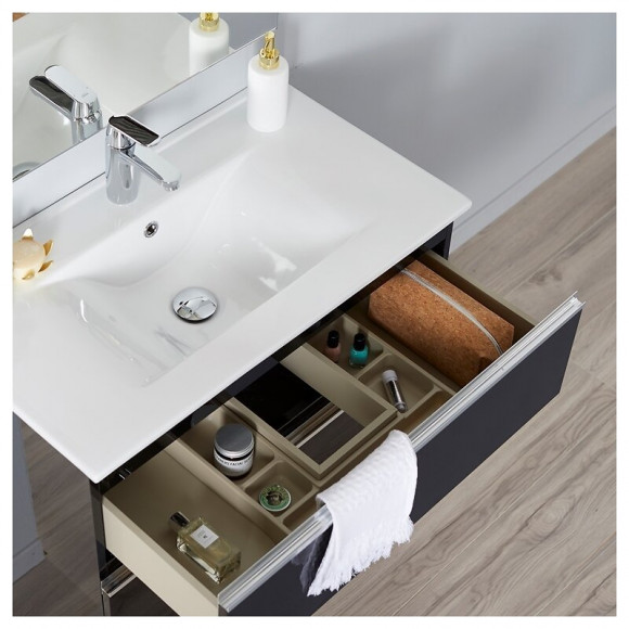Meuble De Salle De Bain À Poser Noir 80 Cm + Miroir + Éclairage - Série Dynamic 3 Tiroirs 80