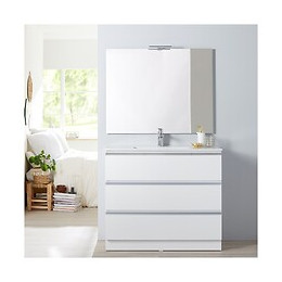 Meuble De Salle De Bain À Poser Blanc 100 Cm + Miroir + Éclairage - Série Dynamic 3 Tiroirs 100