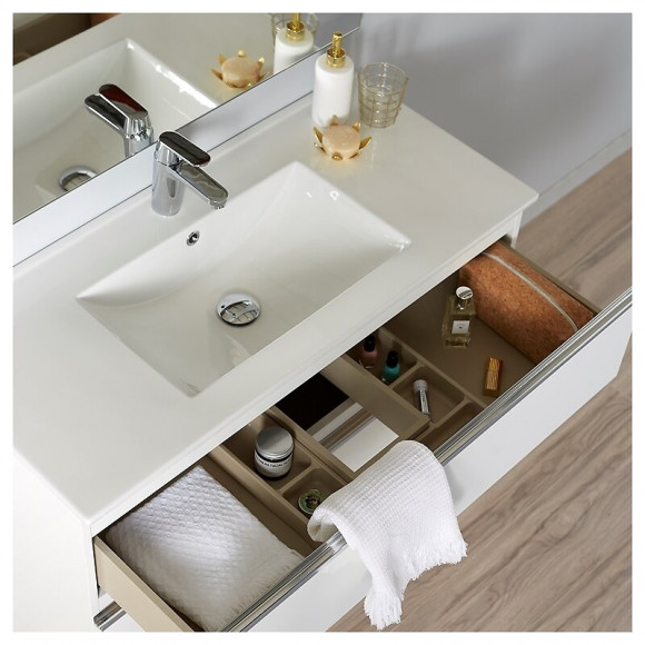 Meuble De Salle De Bain À Poser Blanc 100 Cm + Miroir + Éclairage - Série Dynamic 3 Tiroirs 100