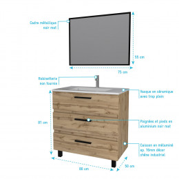 Ensemble Meuble De Salle De Bain - Chene Industriel - Tiroirs -pieds En Aluminium Noir Mat - Mirroir