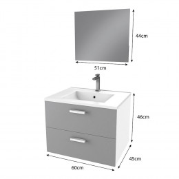 Meuble Salle De Bain 60cm Monté Suspendu Gris - Avec Tiroirs - Vasque Et Miroir - Box-in 60 Grey