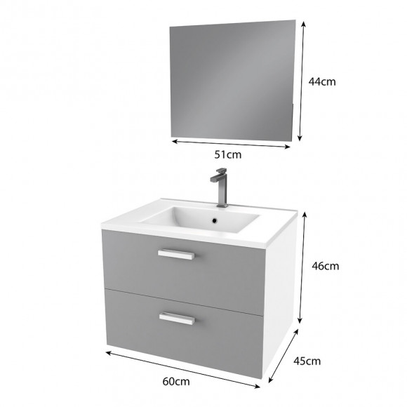 Meuble Salle De Bain 60cm Monté Suspendu Gris - Avec Tiroirs - Vasque Et Miroir - Box-in 60 Grey
