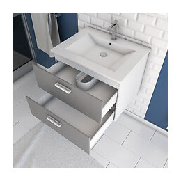 Meuble Salle De Bain 60cm Monté Suspendu Gris - Avec Tiroirs - Vasque Et Miroir - Box-in 60 Grey