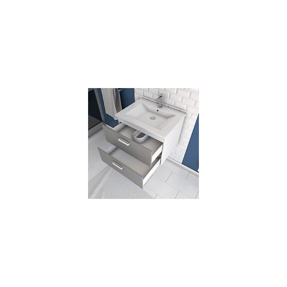 Meuble Salle De Bain 60cm Monté Suspendu Gris - Avec Tiroirs - Vasque Et Miroir - Box-in 60 Grey