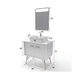 Meuble Salle De Bain Scandinave Blanc 80 Cm Sur Pieds Avec Portes, Vasque A Poser Et Miroir Led