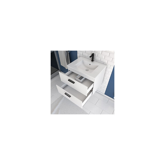 Meuble Salle De Bain 60 Cm Monte Suspendu Blanc H46xl60xp45cm - Avec Tiroirs - Vasque Et Miroir