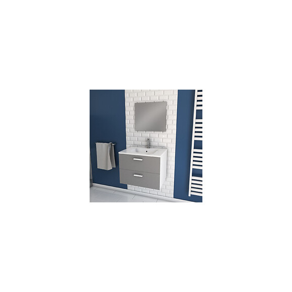 Meuble Salle De Bain 60cm Monté Suspendu Gris - Avec Tiroirs - Vasque Et Miroir - Box-in 60 Grey