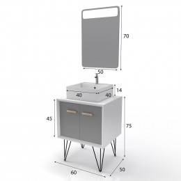 Meuble Salle De Bain Scandinave Blanc Et Gris 60 Cm Sur Pieds - Portes Vasque A Poser + Miroir Led