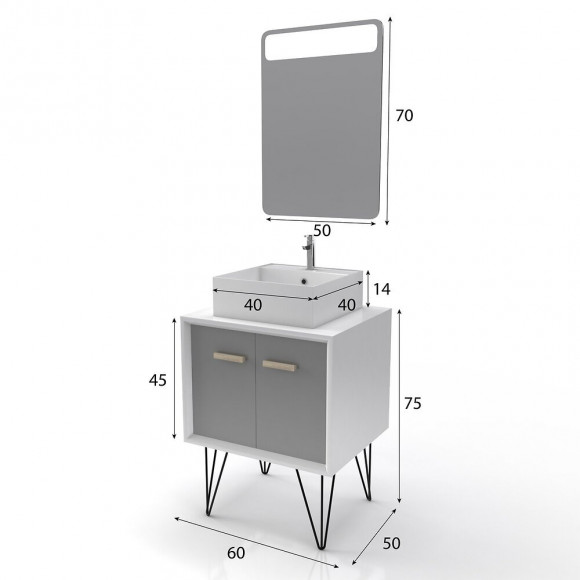 Meuble Salle De Bain Scandinave Blanc Et Gris 60 Cm Sur Pieds - Portes Vasque A Poser + Miroir Led