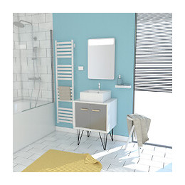 Meuble Salle De Bain Scandinave Blanc Et Gris 60 Cm Sur Pieds - Portes Vasque A Poser + Miroir Led