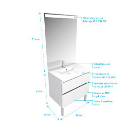 Meuble Salle De Bain 80 Cm Blanc - Avec Tiroirs - Vasque Et Miroir - Merely White 80