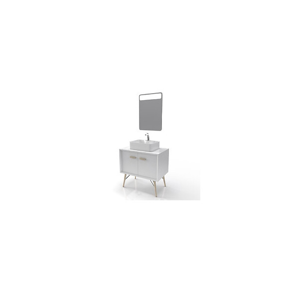 Meuble Salle De Bain Scandinave Blanc 80 Cm Sur Pieds Avec Portes, Vasque A Poser Et Miroir Led