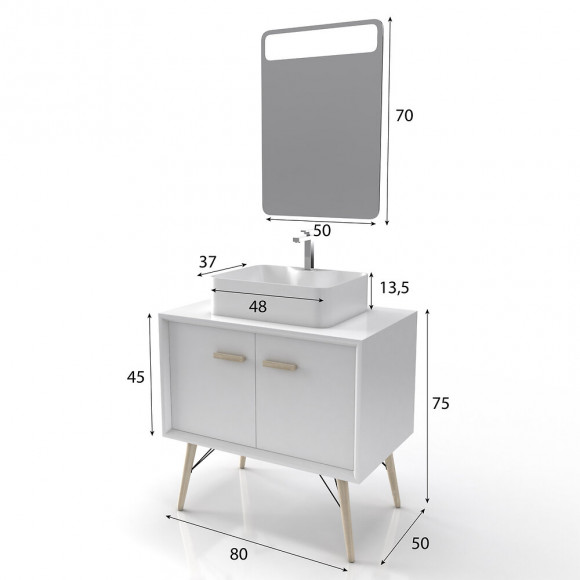 Meuble Salle De Bain Scandinave Blanc 80 Cm Sur Pieds Avec Portes, Vasque A Poser Et Miroir Led
