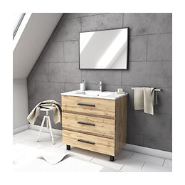 Ensemble Meuble De Salle De Bain - Chene Industriel - Tiroirs -pieds En Aluminium Noir Mat - Mirroir