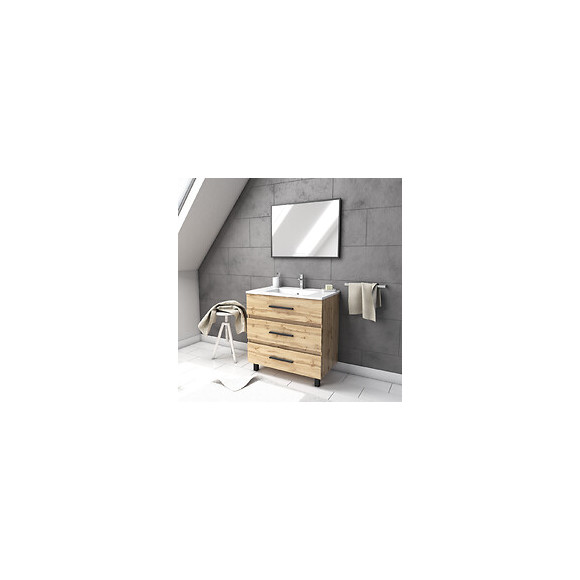 Ensemble Meuble De Salle De Bain - Chene Industriel - Tiroirs -pieds En Aluminium Noir Mat - Mirroir