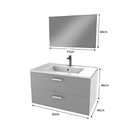 Meuble Salle De Bain 80 Cm Monte Suspendu Gris H46xl80xp45cm - Avec Tiroirs - Vasque Et Miroir