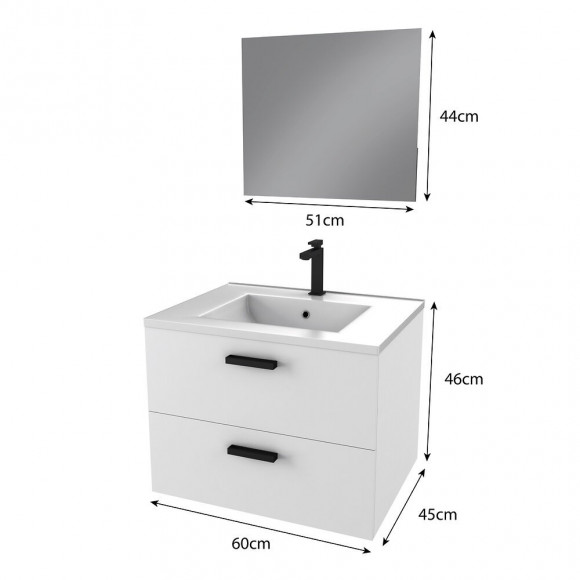Meuble Salle De Bain 60 Cm Monte Suspendu Blanc H46xl60xp45cm - Avec Tiroirs - Vasque Et Miroir