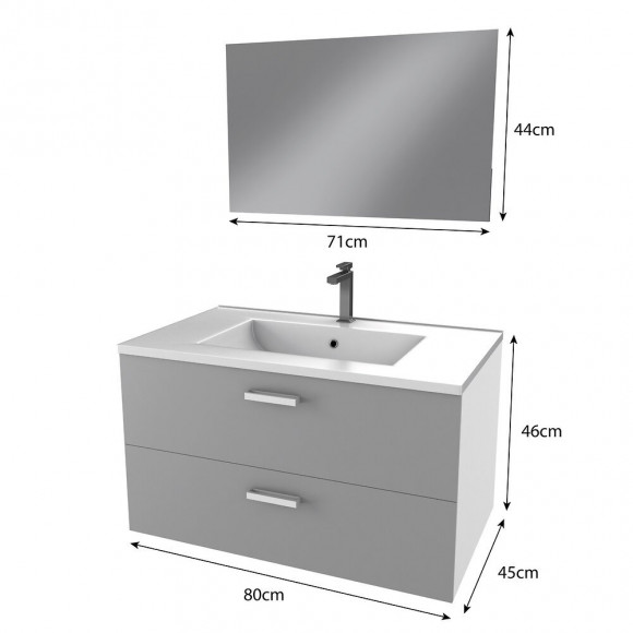 Meuble Salle De Bain 80 Cm Monte Suspendu Gris H46xl80xp45cm - Avec Tiroirs - Vasque Et Miroir