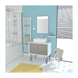 Meuble Salle De Bain Scandinave Blanc Et Gris 80 Cm Sur Pieds - Portes Vasque A Poser + Miroir Led