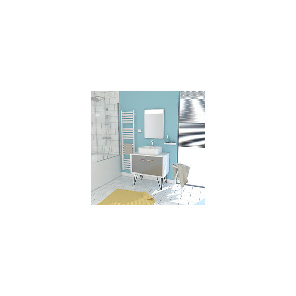 Meuble Salle De Bain Scandinave Blanc Et Gris 80 Cm Sur Pieds - Portes Vasque A Poser + Miroir Led